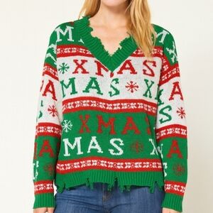 Christmas Distressed Edge Sweater Size XL V Neck Holiday Party Grunge Torn Worn